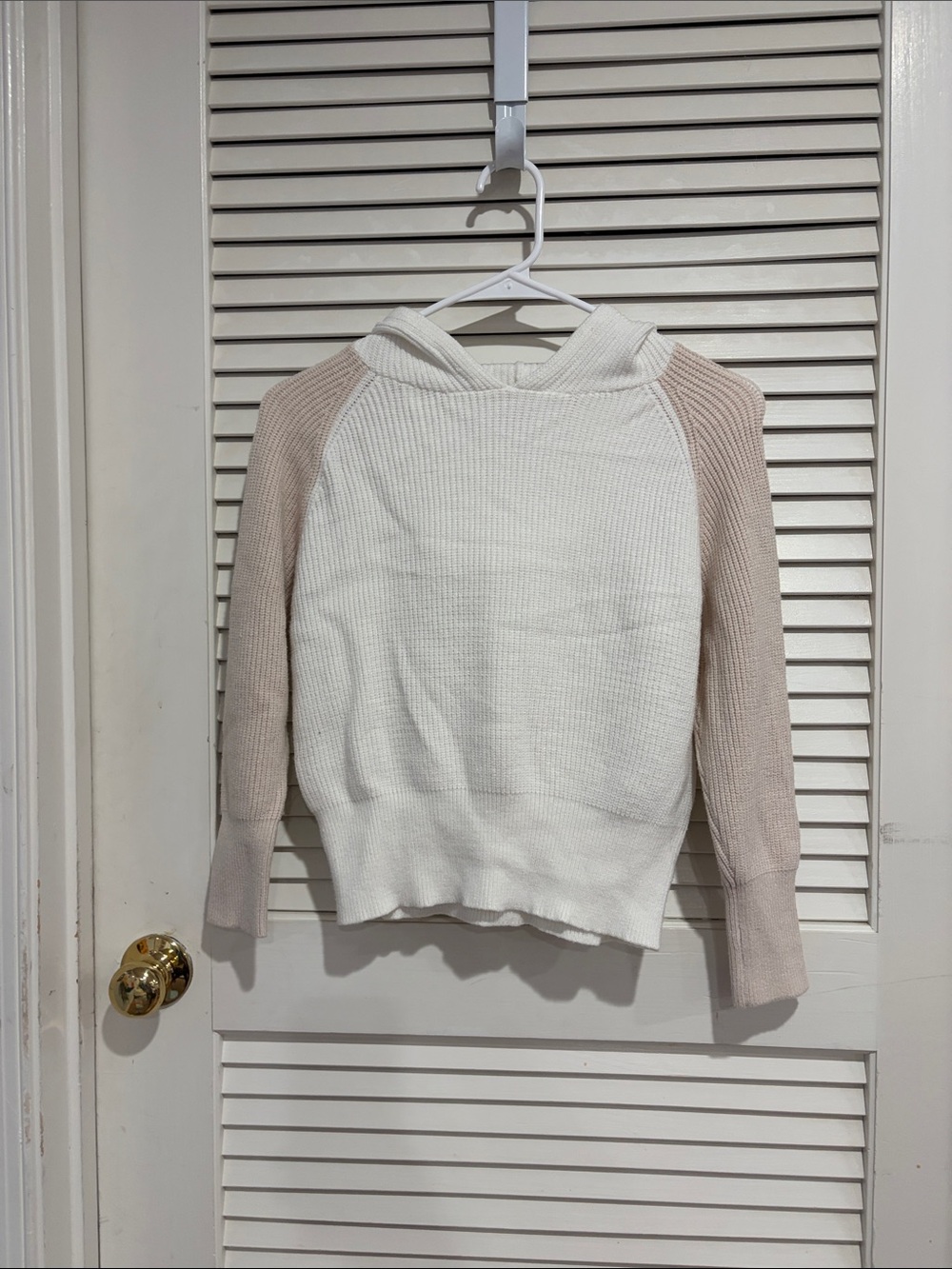 Girls' Hooded Waffle Knit Sweater in Cream and Light Pink